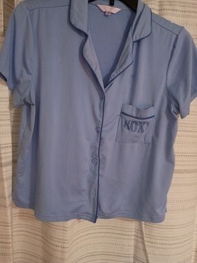 Roxy Light Blue Short Sleeve Button-Front Pajama Top with Contrast Piping